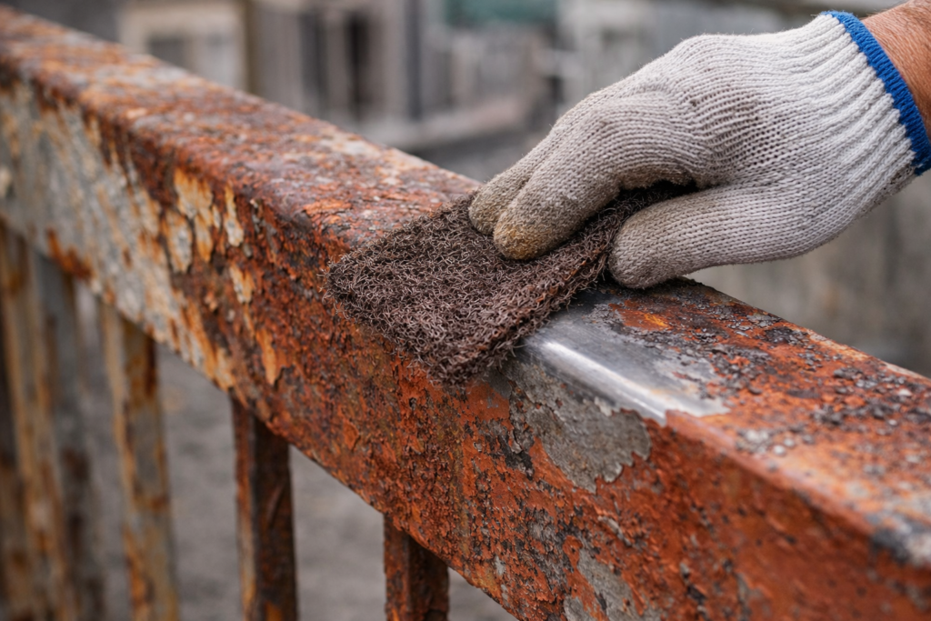 さびた手すりにケレンをかけている様子の画像