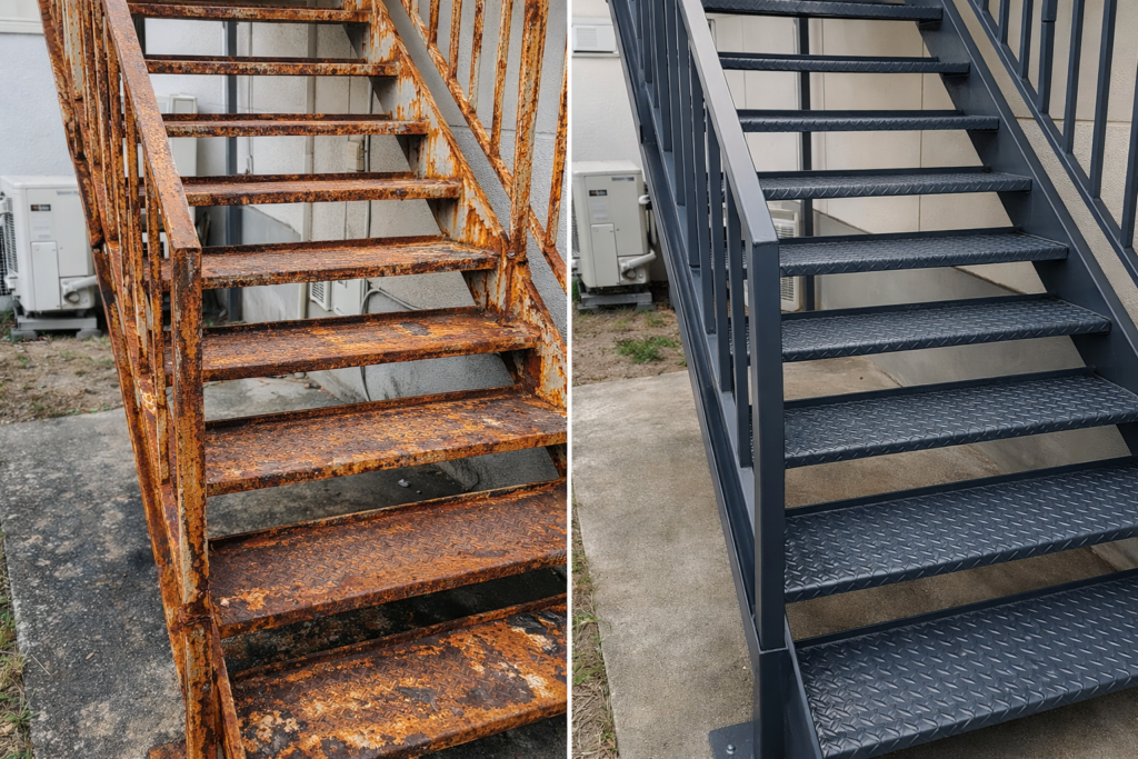 錆ついた階段と正常な状態の階段の比較画像