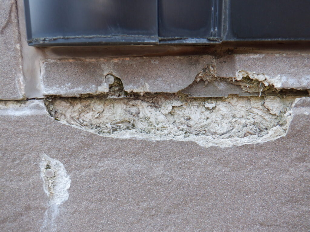 窓のサッシの外壁が凍害で崩れてしまっている様子の写真