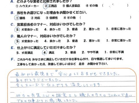 担当の有賀さんの誠実さと職人の方のていねいで速いプロの仕事ぶりに感激しました。