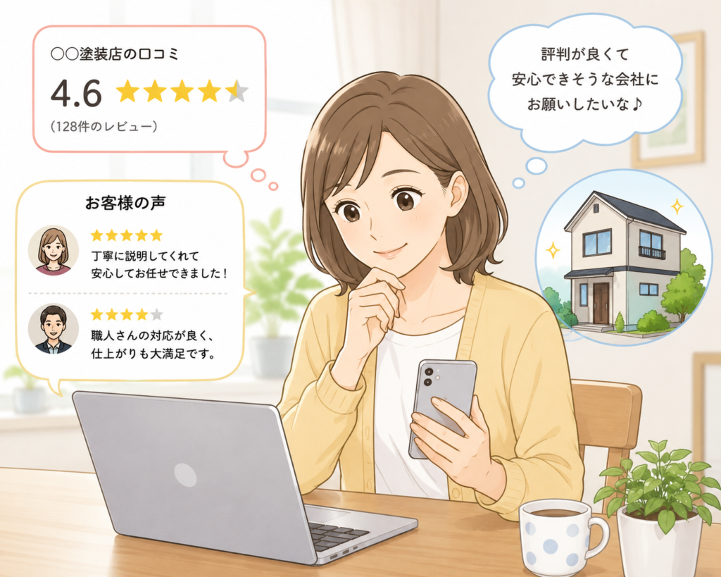 口コミを調べる女性のイメージイラスト