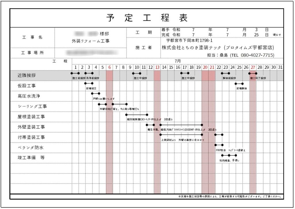 宇都宮市で行った屋根外壁塗装工事の実際の工程表