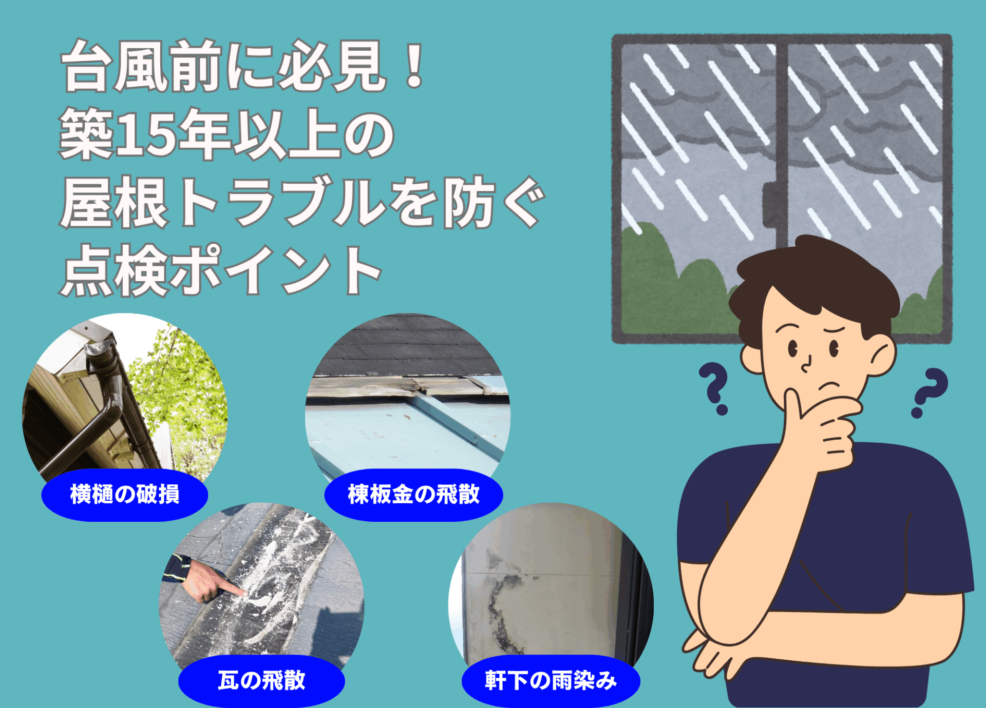 台風前に必見！築15年以上の屋根・外壁トラブルを防ぐ点検ポイント。横樋の破損、棟板金の飛散、割れた屋根材、軒下の雨漏れの事例を解説するイラスト