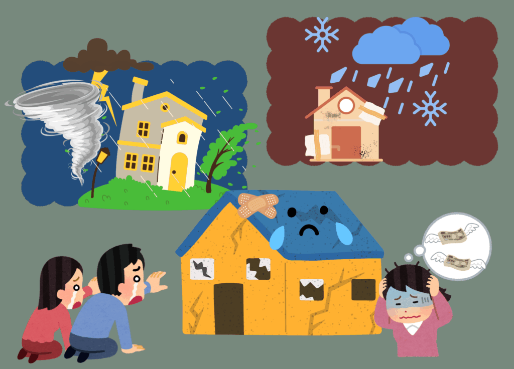 自然災害で壊れた家と修理費用に悩む家族のイラスト(火災保険適用イメージ)