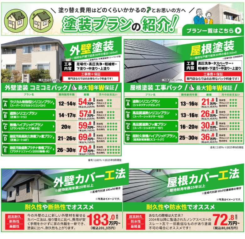屋根外壁塗装の料金プランと屋根カバーと外壁カバーの労金プランのバナー