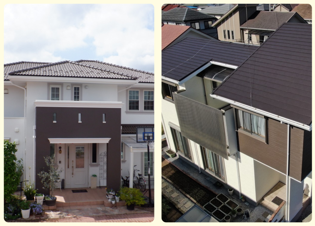 白とブラウン系の外壁配色でも、建物の形状やデザインの違いで仕上がりの印象が大きく変わることを比較した住宅の外壁塗装事例写真。外壁カラー選びの参考向け。
