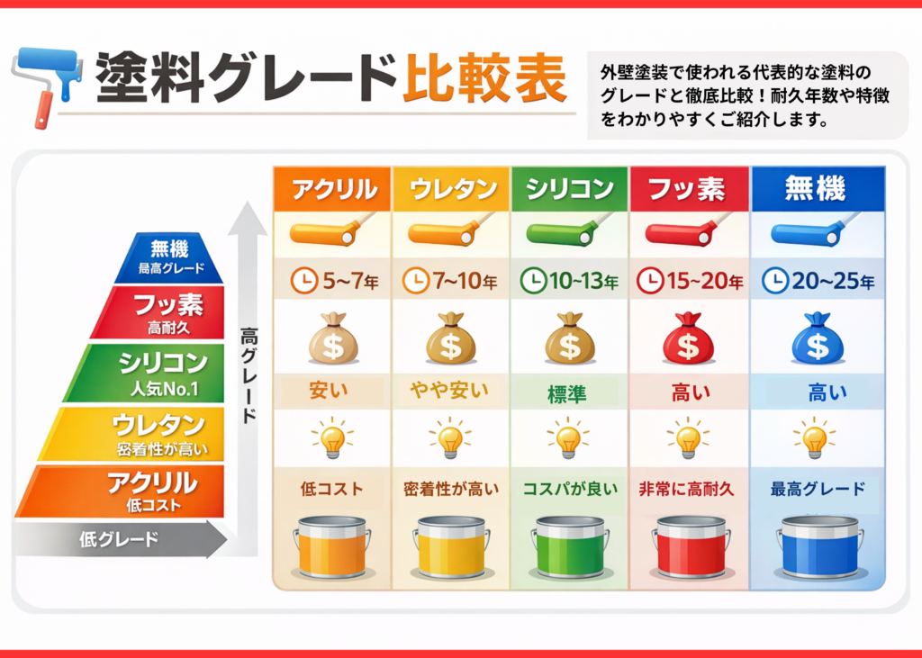 外壁塗装の塗料グレードを比較した図。アクリル・ウレタン・シリコン・フッ素・無機塗料の耐久年数や特徴の違いを解説。