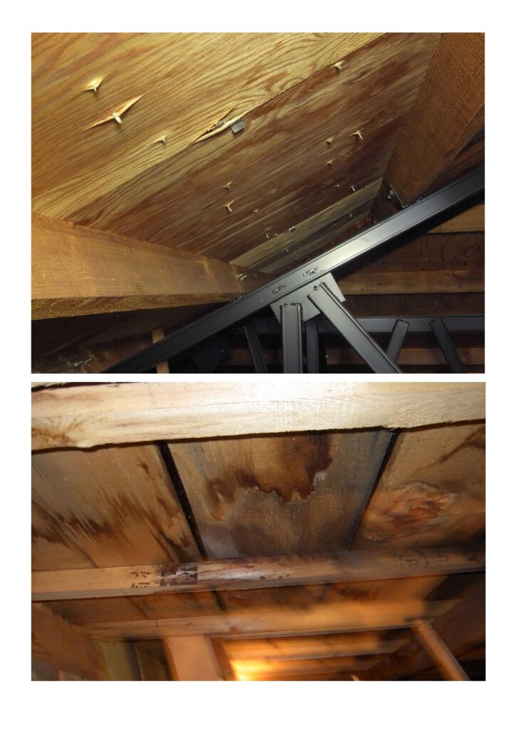 屋根材を留めている釘を伝って雨漏りしている様子