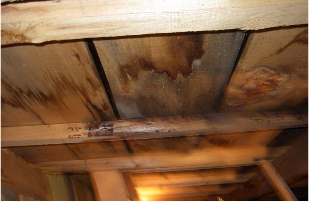 野地板が雨漏りして腐食している写真