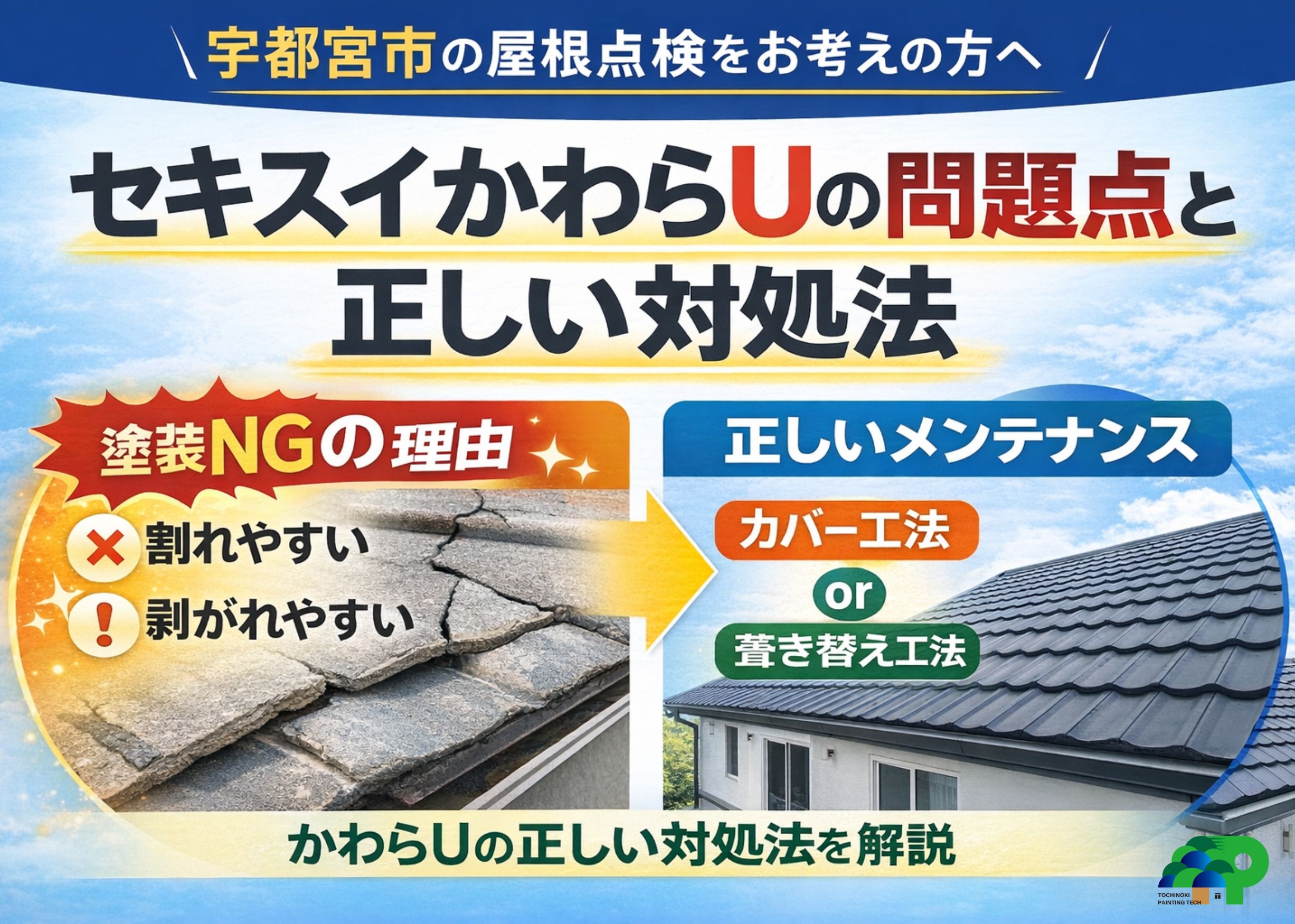 セキスイかわらU屋根の劣化（ひび割れ・剥がれ）と正しいメンテナンス方法（カバー工法・葺き替え）の比較図解（宇都宮市）